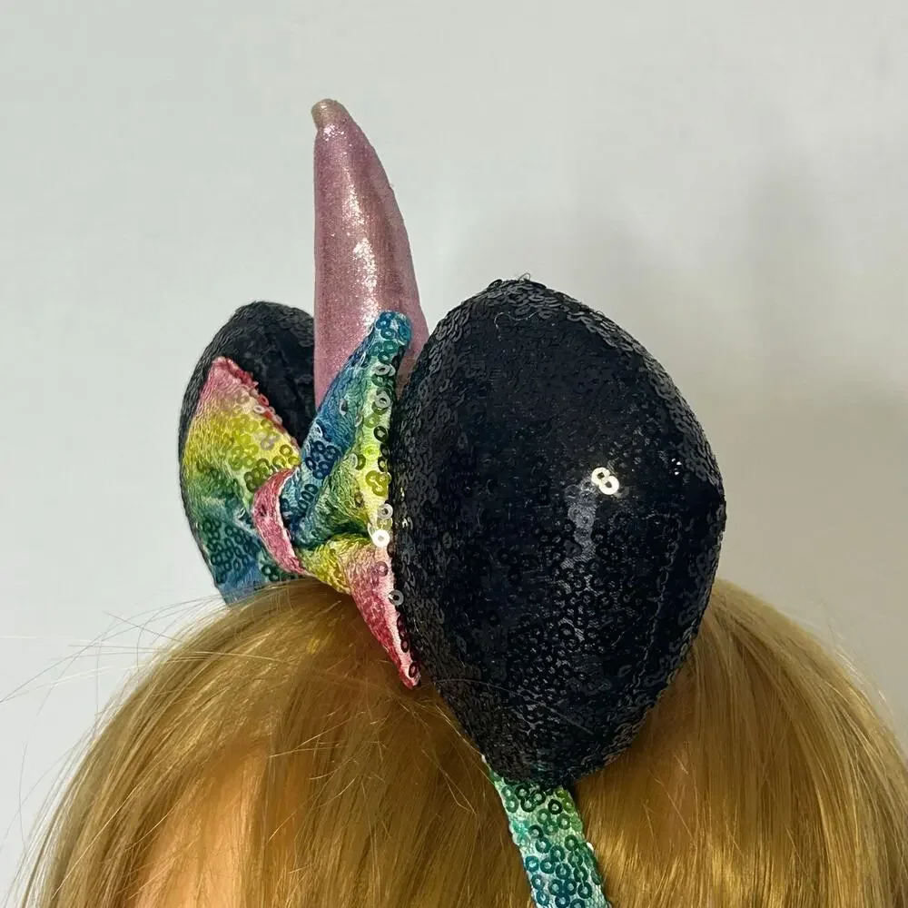 Disney Unicorn Minnie Mouse Ears Rainbow Sequin Bow Pink Horn Headband